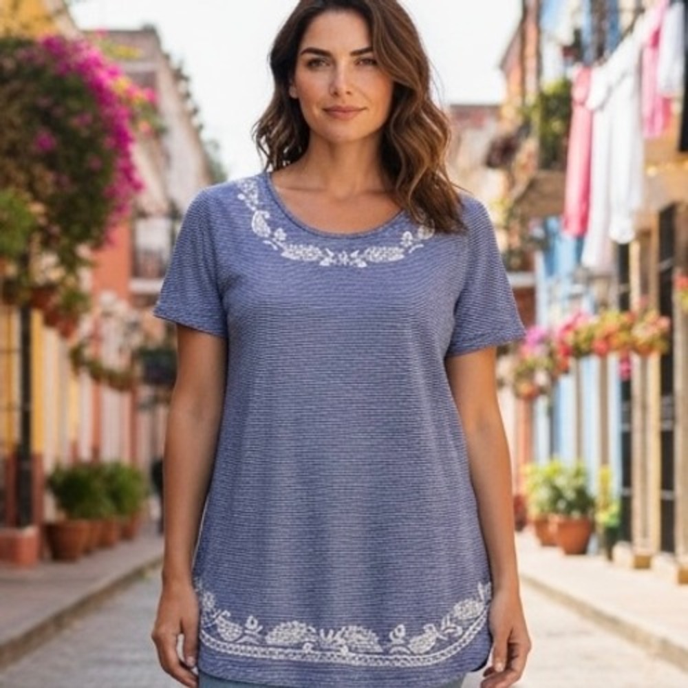Blue Striped Embroidered Tunic Top Womens Size Medium‎ Short Sleeve Classic